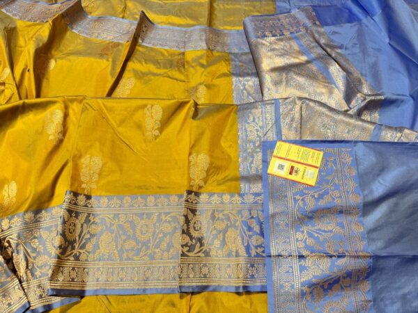 Pure Banarasi Kadhwa Katan Silk Saree Handloom Gold Zari Flower Boota Design – Mustard Yellow And Skyblue Color Contrast