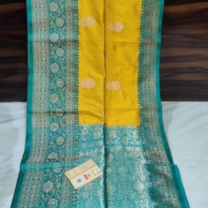 Pure Banarasi Kadhwa Katan Silk Saree Handloom Gold Zari Flower Boota Design – Mustard and Seagreen Color Contrast