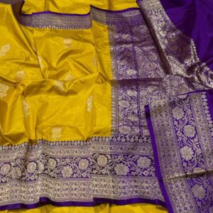 Pure Banarasi Kadhwa Katan Silk Saree Handloom Gold Zari Flower Boota Design – Mustard And Violet Color Contrast