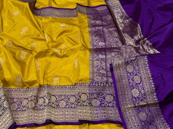 Pure Banarasi Kadhwa Katan Silk Saree Handloom Gold Zari Flower Boota Design – Mustard And Violet Color Contrast