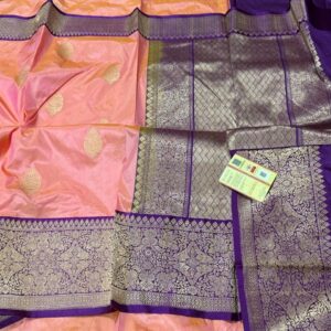 Pure Banarasi Kadhwa Katan Silk Saree Handloom Gold Zari Flower Boota Design – Peach and Purple Color