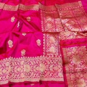 Pure Banarasi Kadhwa Katan Silk Saree Handloom Gold Zari Flower Boota Design – Pink Color