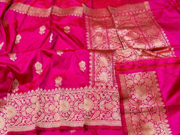 Pure Banarasi Kadhwa Katan Silk Saree Handloom Gold Zari Flower Boota Design – Pink Color