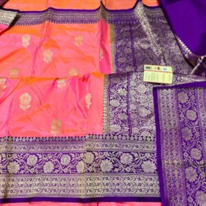 Pure Banarasi Kadhwa Katan Silk Saree Handloom Gold Zari Flower Boota Design – Pink and Purple Color Contrast