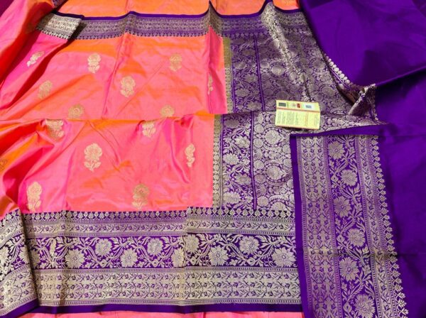 Pure Banarasi Kadhwa Katan Silk Saree Handloom Gold Zari Flower Boota Design – Pink And Purple Color Contrast