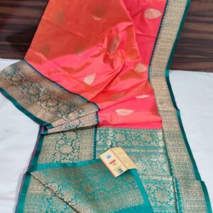 Pure Banarasi Kadhwa Katan Silk Saree Handloom Gold Zari Flower Boota Design – Pink and Seagreen Color Contrast