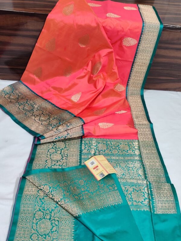 Pure Banarasi Kadhwa Katan Silk Saree Handloom Gold Zari Flower Boota Design – Pink And Seagreen Color Contrast