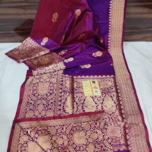 Pure Banarasi Kadhwa Katan Silk Saree Handloom Gold Zari Flower Boota Design – Purple Color