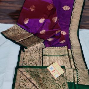 Pure Banarasi Kadhwa Katan Silk Saree Handloom Gold Zari Flower Boota Design – Purple and Green Color Contrast