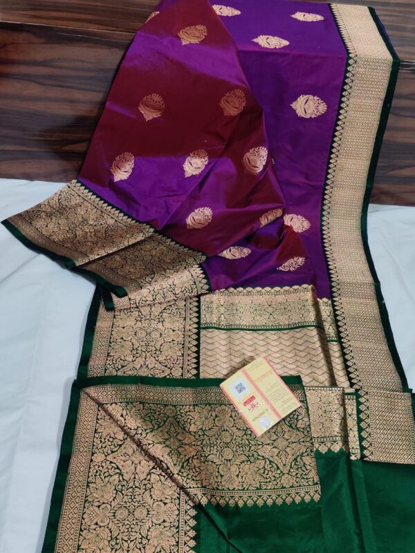 Pure Banarasi Kadhwa Katan Silk Saree Handloom Gold Zari Flower Boota Design – Purple And Green Color Contrast