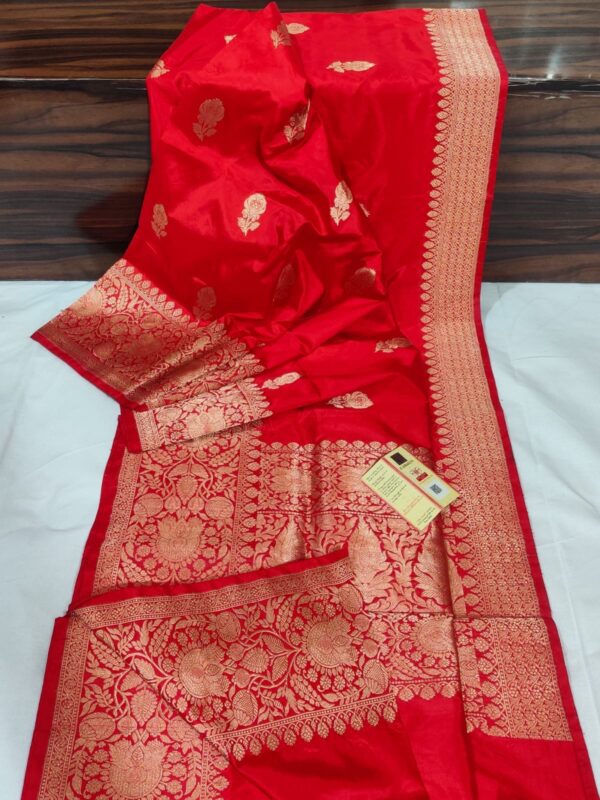 Pure Banarasi Kadhwa Katan Silk Saree Handloom Gold Zari Flower Boota Design – Red Color