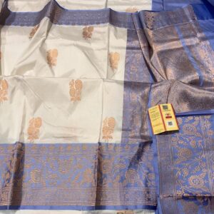 Pure Banarasi Kadhwa Katan Silk Saree Handloom Gold Zari Flower Boota Design – White and SkyBlue Color Contrast