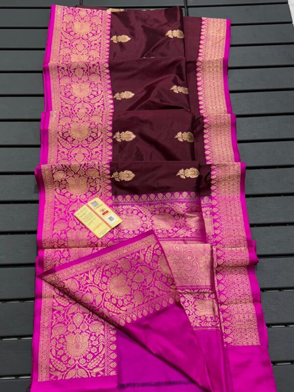 Pure Banarasi Kadhwa Katan Silk Saree Handloom Gold Zari Flower Boota Design – Wine And Pink Color Contrast