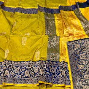 Pure Banarasi Kadhwa Katan Silk Saree Handloom Gold Zari Flower Boota Design – Yellow and Blue Color Contrast