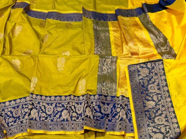 Pure Banarasi Kadhwa Katan Silk Saree Handloom Gold Zari Flower Boota Design – Yellow And Blue Color Contrast