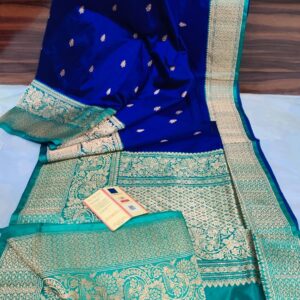 Pure Banarasi Kadhwa Katan Silk Saree Handloom Gold Zari Flower Booti Design – Blue and Seagreen Color Contrast