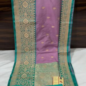 Pure Banarasi Kadhwa Katan Silk Saree Handloom Gold Zari Flower Booti Design – Lavender and Seagreen Color Contrast