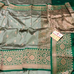 Pure Banarasi Kadhwa Katan Silk Saree Handloom Gold Zari Flower Booti Design – Light Green and Green Color Contrast