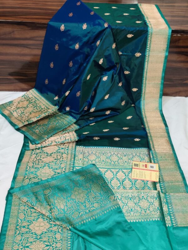 Pure Banarasi Kadhwa Katan Silk Saree Handloom Gold Zari Flower Booti Design – Teal And Seagreen Color