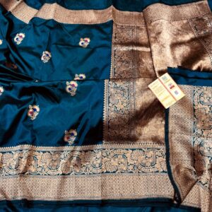 Pure Banarasi Kadhwa Katan Silk Saree Handloom Gold Zari Meenakari Boota Design – German Blue Color