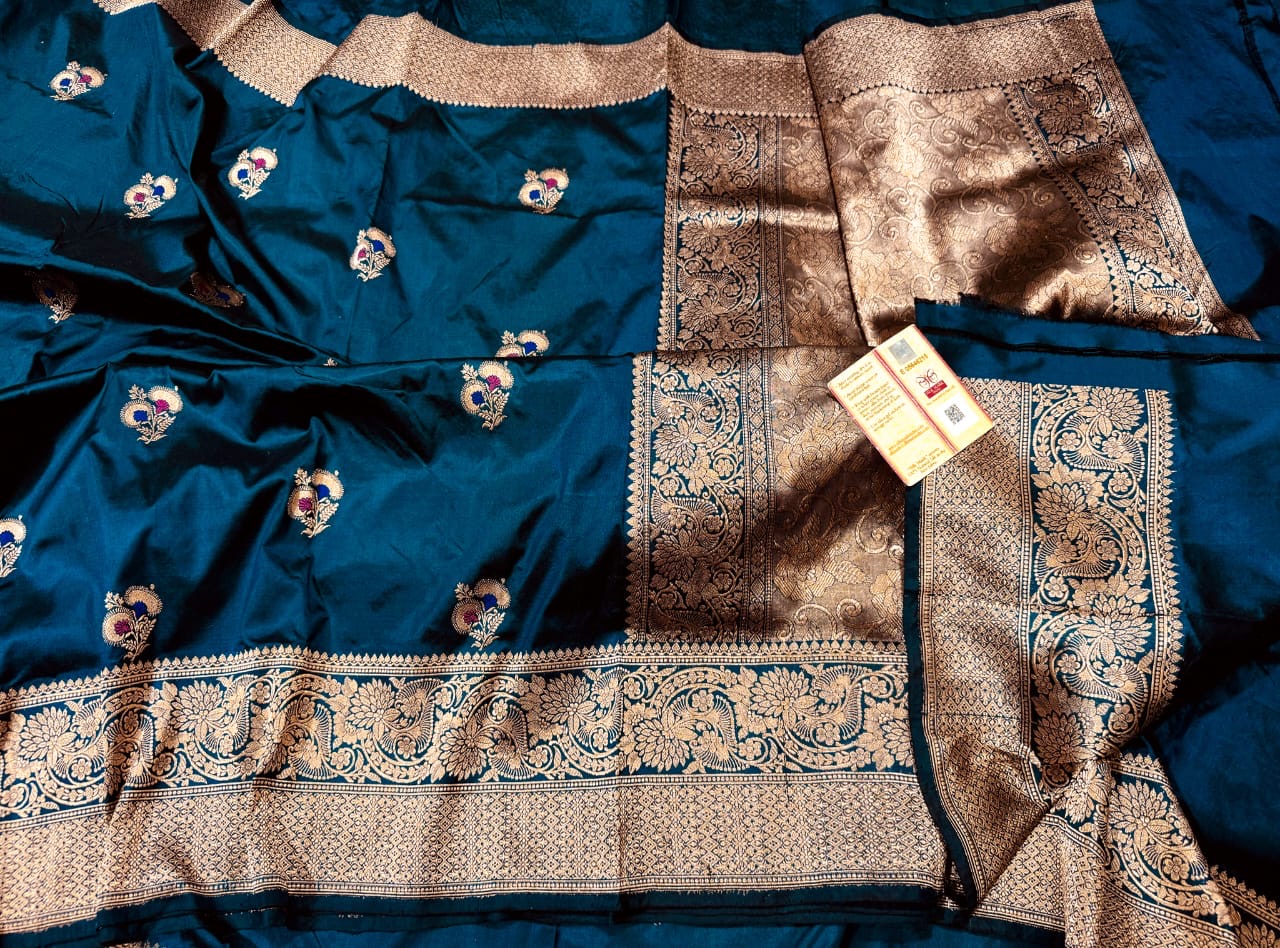 Pure Banarasi Kadhwa Katan Silk Saree Handloom Gold Zari Meenakari Boota Design – German Blue Color