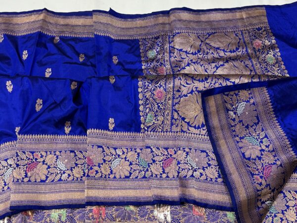 Pure Banarasi Kadhwa Katan Silk Saree Handloom Gold Zari Meenakari Flower Booti Design – Blue Color