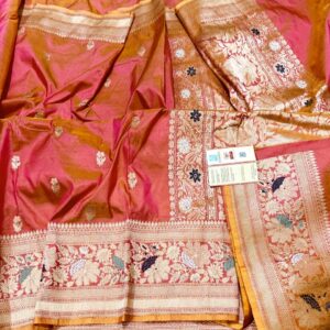 Pure Banarasi Kadhwa Katan Silk Saree Handloom Gold Zari Meenakari Flower Booti Design – Peach Color