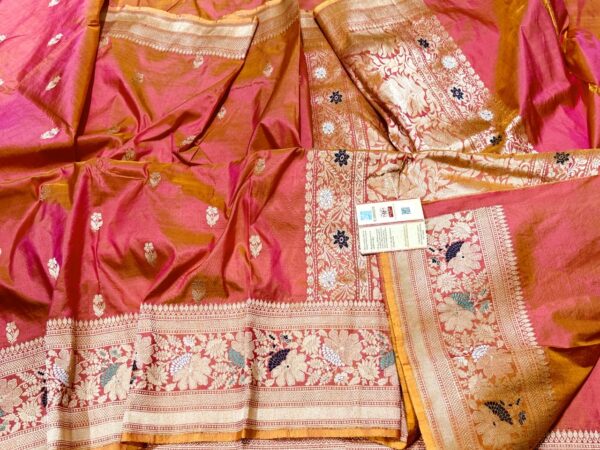 Pure Banarasi Kadhwa Katan Silk Saree Handloom Gold Zari Meenakari Flower Booti Design – Peach Color