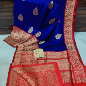 Pure Banarasi Kadhwa Katan Silk Saree Handloom Gold Zari Spade Boota Design – Blue and Red Color Contrast