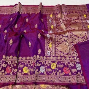 Pure Banarasi Kadhwa Katan Silk Saree Handloom Meenakari Border Gold Zari Flower Booti Design – Purple Color