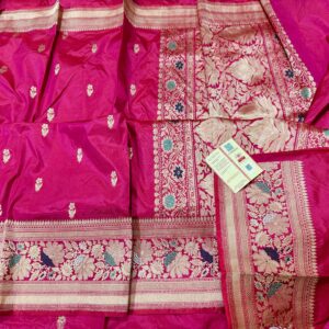 Pure Banarasi Kadhwa Katan Silk Saree Handloom Meenakari Gold Zari Boota Design – Dark Pink Color