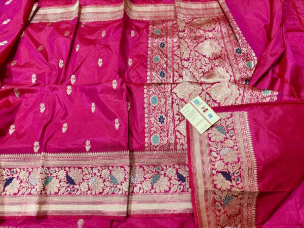 Pure Banarasi Kadhwa Katan Silk Saree Handloom Meenakari Gold Zari Boota Design – Dark Pink Color