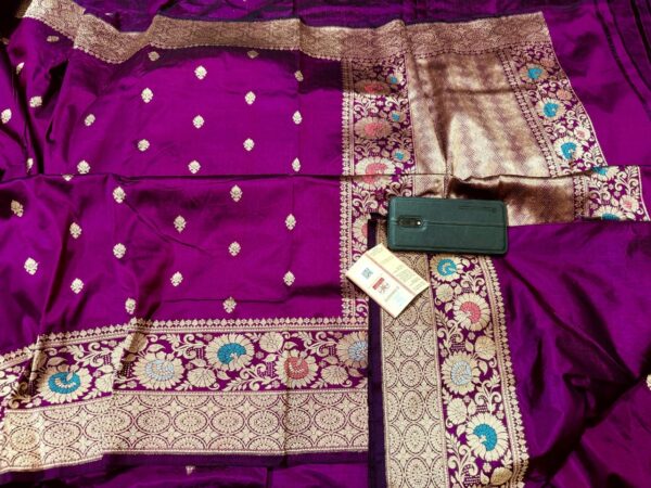 Pure Banarasi Kadhwa Katan Silk Saree Handloom Meenakari Gold Zari Booti Design – Purple Color