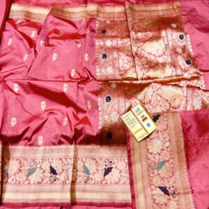 Pure Banarasi Kadhwa Katan Silk Saree Handloom Meenakari Gold Zari Flower Booti Design – Light Pink Color