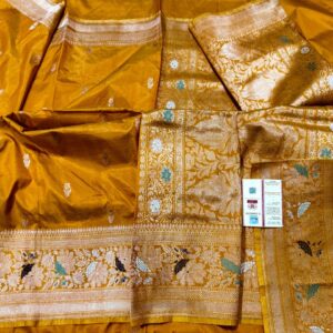 Pure Banarasi Kadhwa Katan Silk Saree Handloom Meenakari Gold Zari Flower Booti Design – Mustard Color