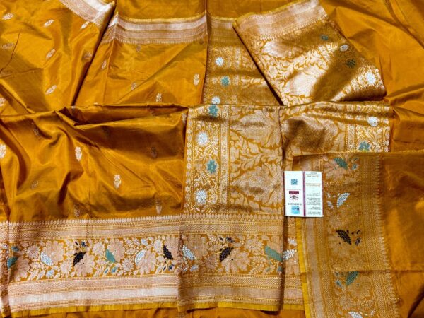 Pure Banarasi Kadhwa Katan Silk Saree Handloom Meenakari Gold Zari Flower Booti Design – Mustard Color