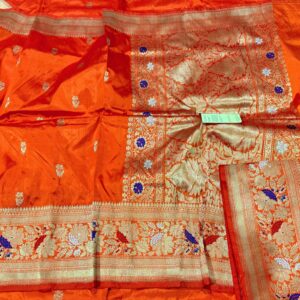 Pure Banarasi Kadhwa Katan Silk Saree Handloom Meenakari Gold Zari Flower Booti Design – Orange Color