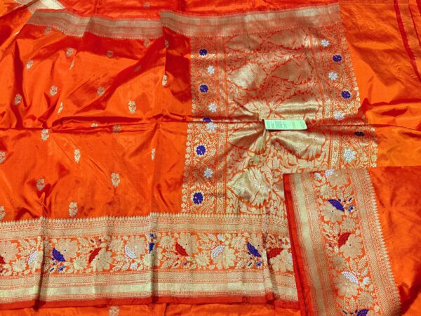 Pure Banarasi Kadhwa Katan Silk Saree Handloom Meenakari Gold Zari Flower Booti Design – Orange Color