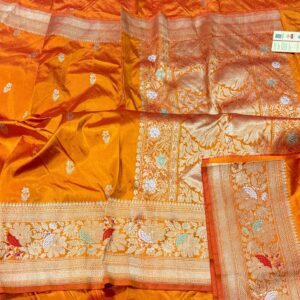 Pure Banarasi Kadhwa Katan Silk Saree Handloom Meenakari Gold Zari Flower Booti Design – Peach Color