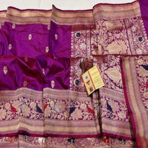 Pure Banarasi Kadhwa Katan Silk Saree Handloom Meenakari Gold Zari Flower Booti Design – Purple Color