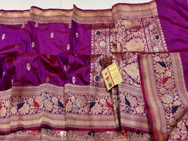 Pure Banarasi Kadhwa Katan Silk Saree Handloom Meenakari Gold Zari Flower Booti Design – Purple Color