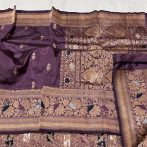 Pure Banarasi Kadhwa Katan Silk Saree Handloom Meenakari Gold Zari Flower Booti Design – Wine Color