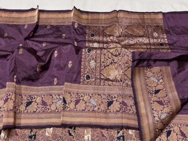 Pure Banarasi Kadhwa Katan Silk Saree Handloom Meenakari Gold Zari Flower Booti Design – Wine Color