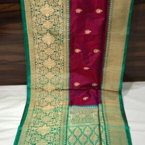 Pure Banarasi Kadhwa Katan Silk Saree Handloom Wide Border Gold Zari Booti Design – Wine and Seagreen Color Contrast