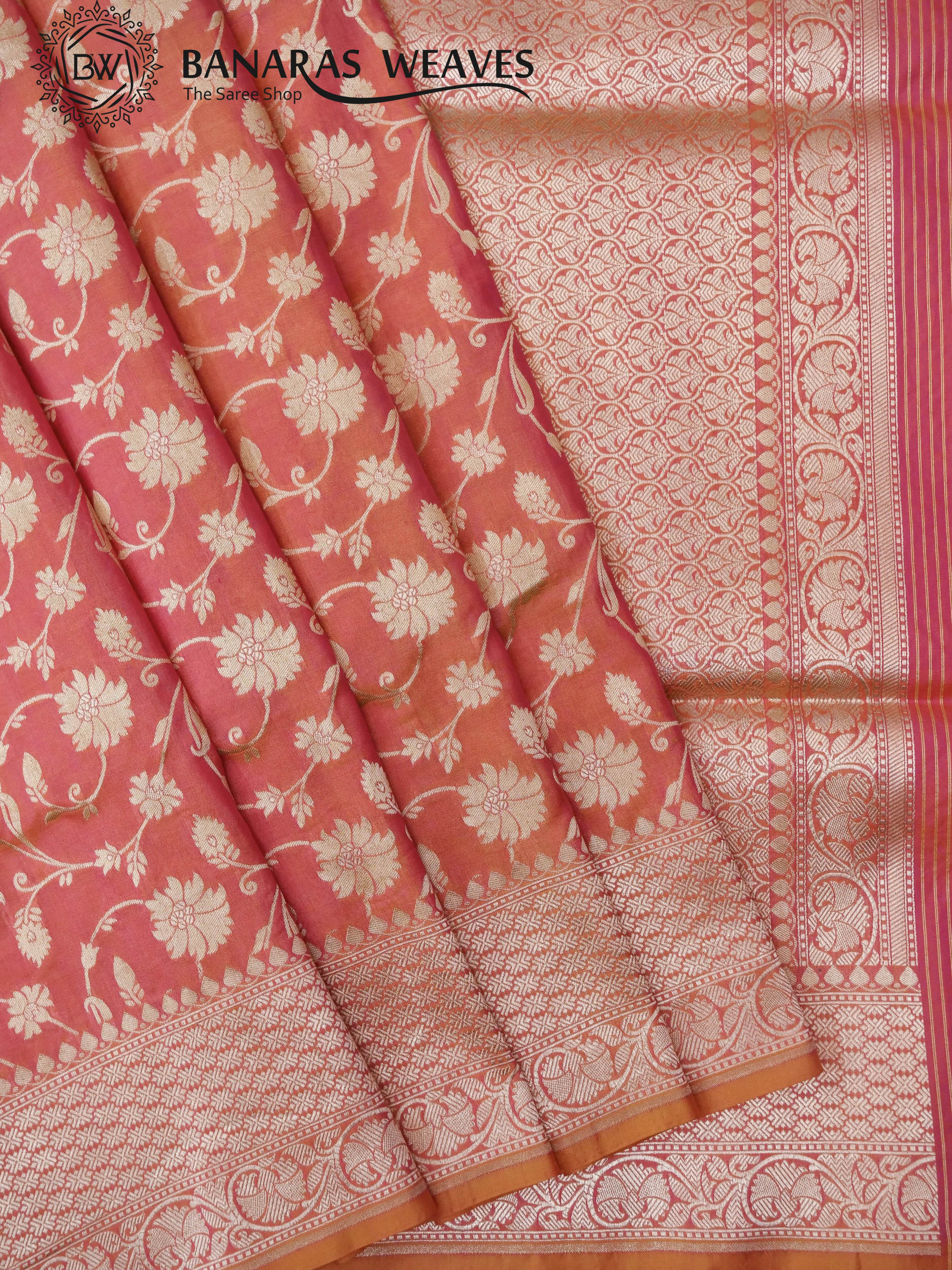 Pure Banarasi Katan Silk Saree Handloom Gold Zari Jaal Design - Peach Color