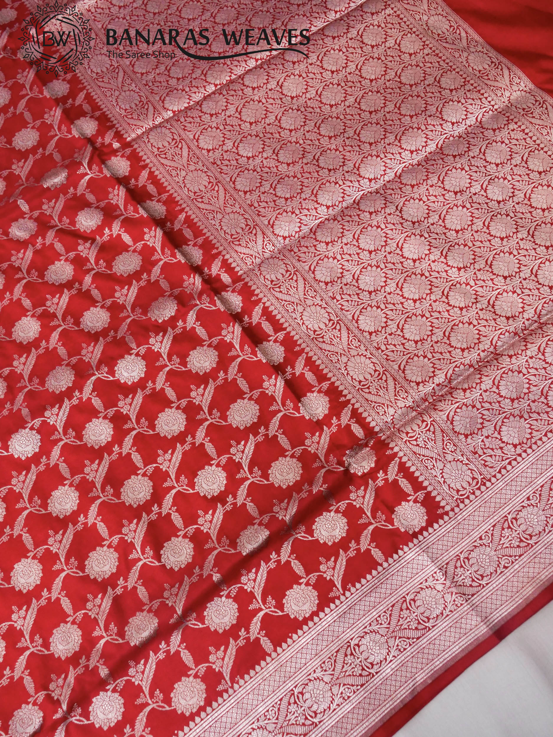 Pure Banarasi Katan Silk Saree Handloom Gold Zari Jaal Design - Red Color