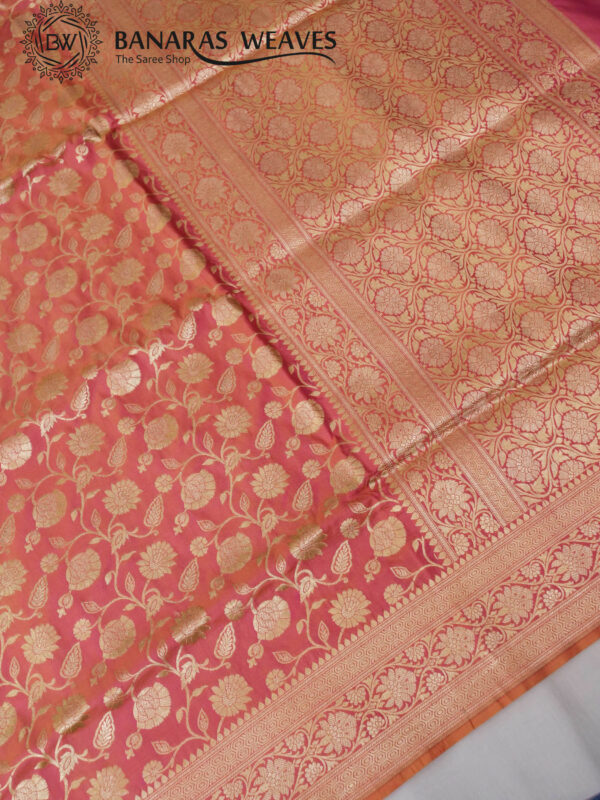 Pure Banarasi Katan Silk Saree Handloom Gold Zari Big Jaal Design - Peach Color