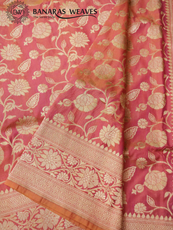 Pure Banarasi Katan Silk Saree Handloom Gold Zari Big Jaal Design - Peach Color