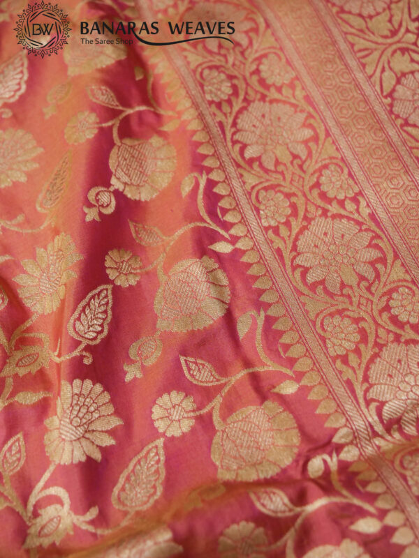 Pure Banarasi Katan Silk Saree Handloom Gold Zari Big Jaal Design - Peach Color