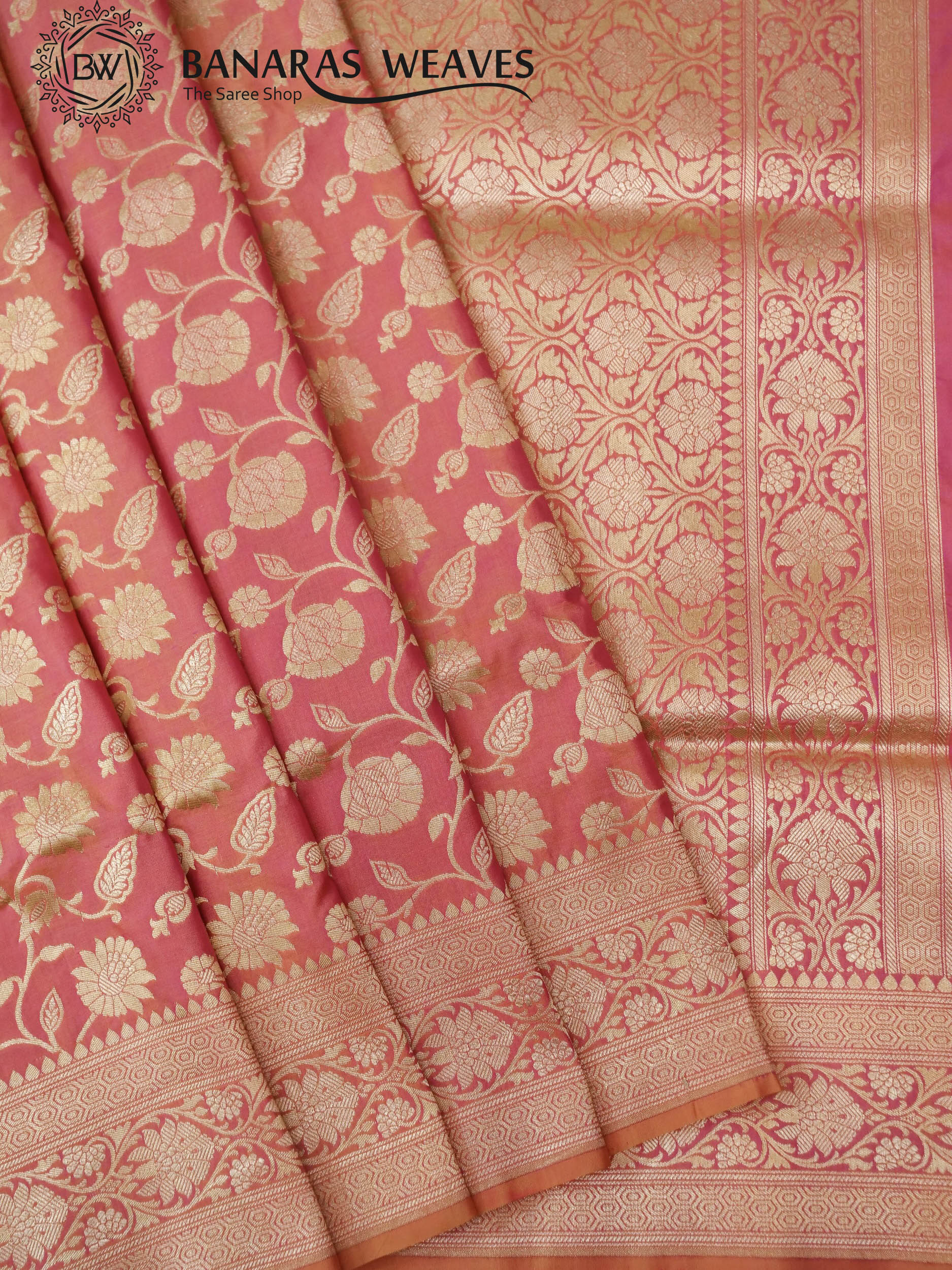 Pure Banarasi Katan Silk Saree Handloom Gold Zari Big Jaal Design - Peach Color